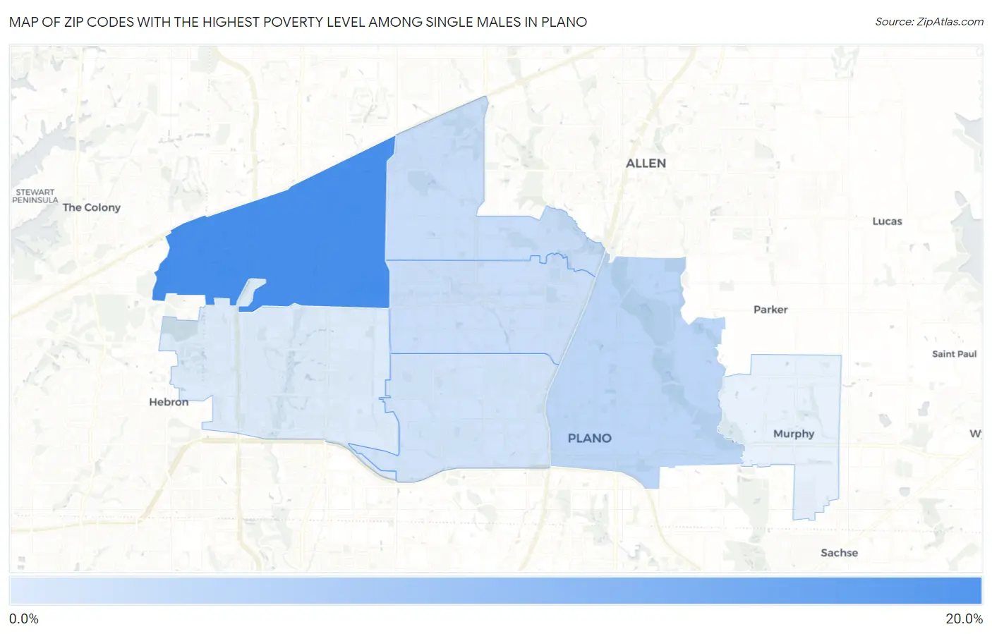 Zip Codes with the Highest Poverty Level Among Single Males in Plano Map