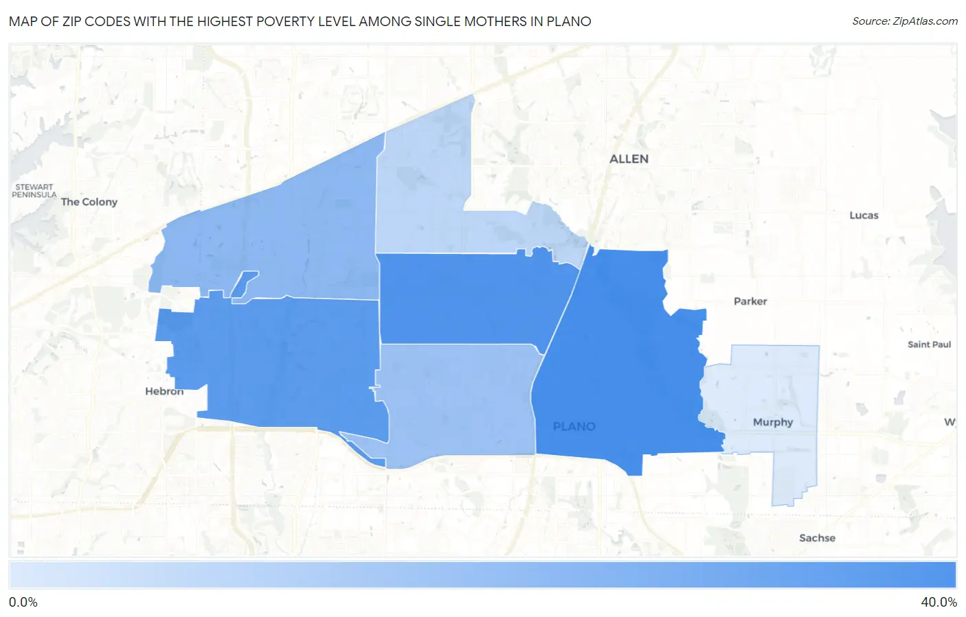 Zip Codes with the Highest Poverty Level Among Single Mothers in Plano Map