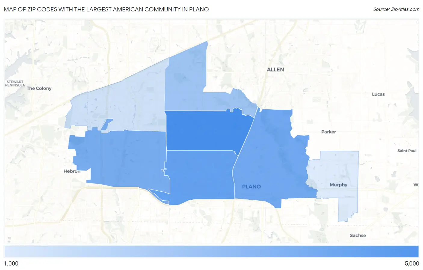 Zip Codes with the Largest American Community in Plano Map