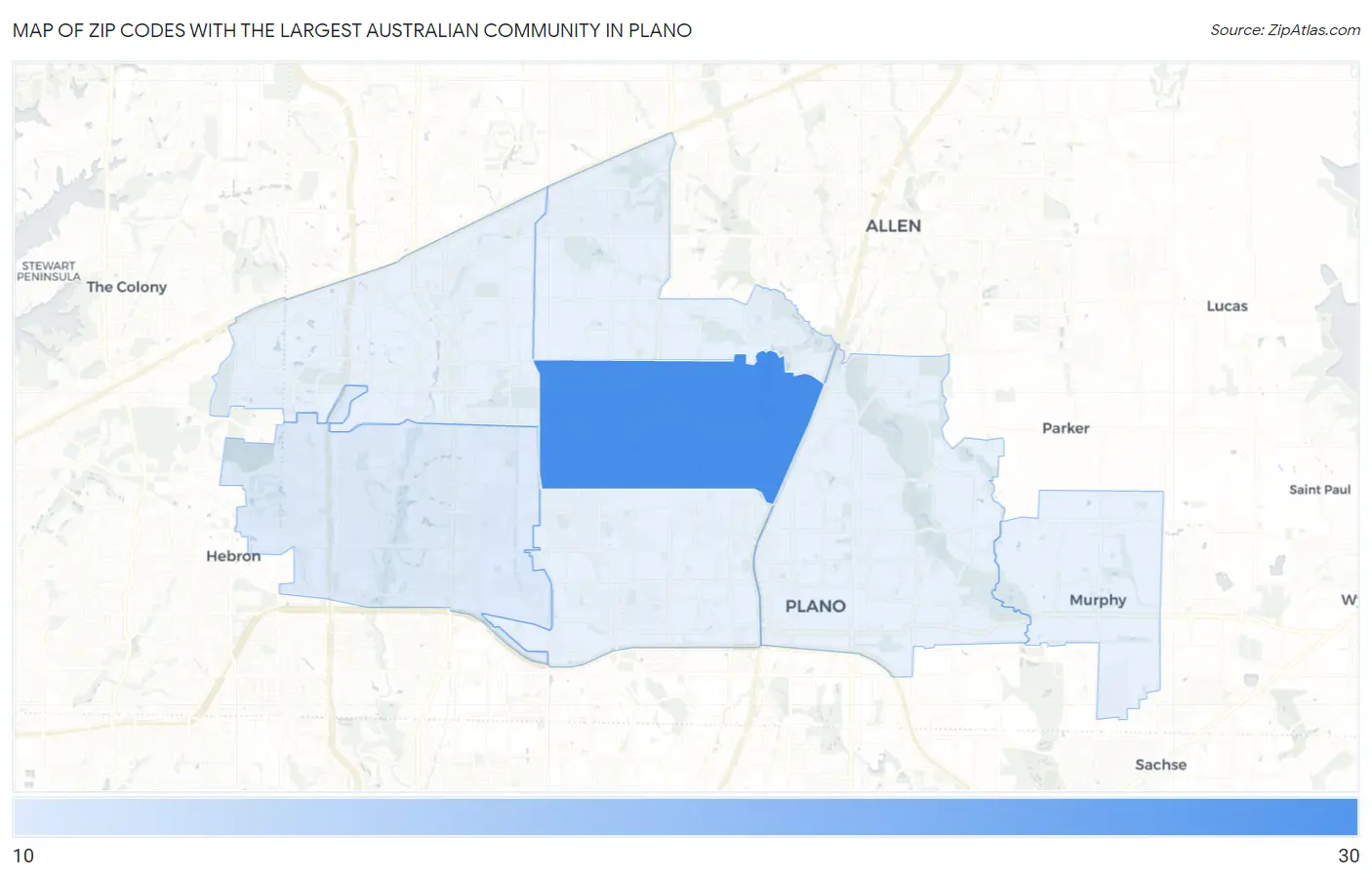 Zip Codes with the Largest Australian Community in Plano Map