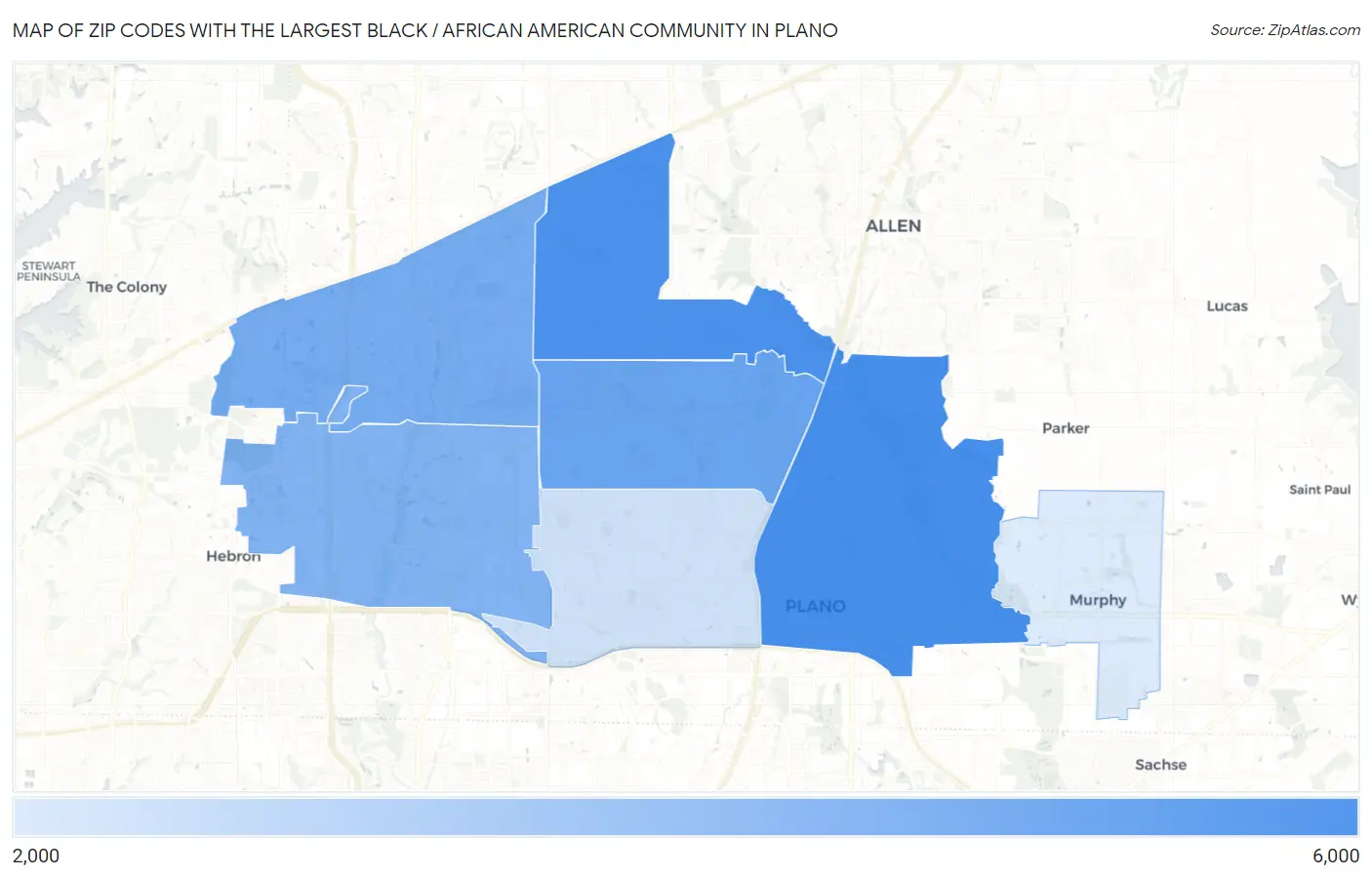 Zip Codes with the Largest Black / African American Community in Plano Map