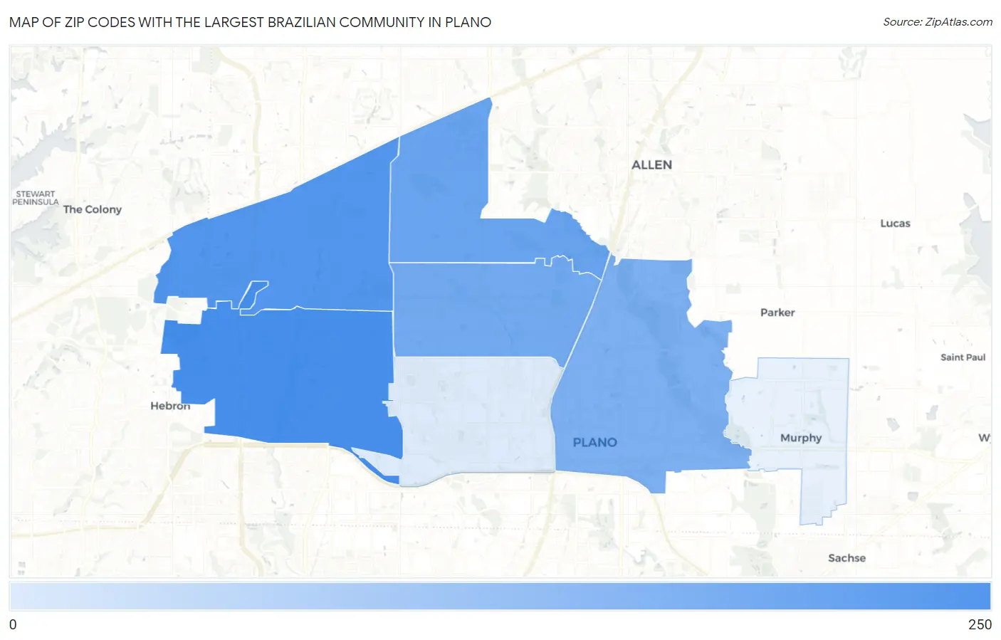 Zip Codes with the Largest Brazilian Community in Plano Map
