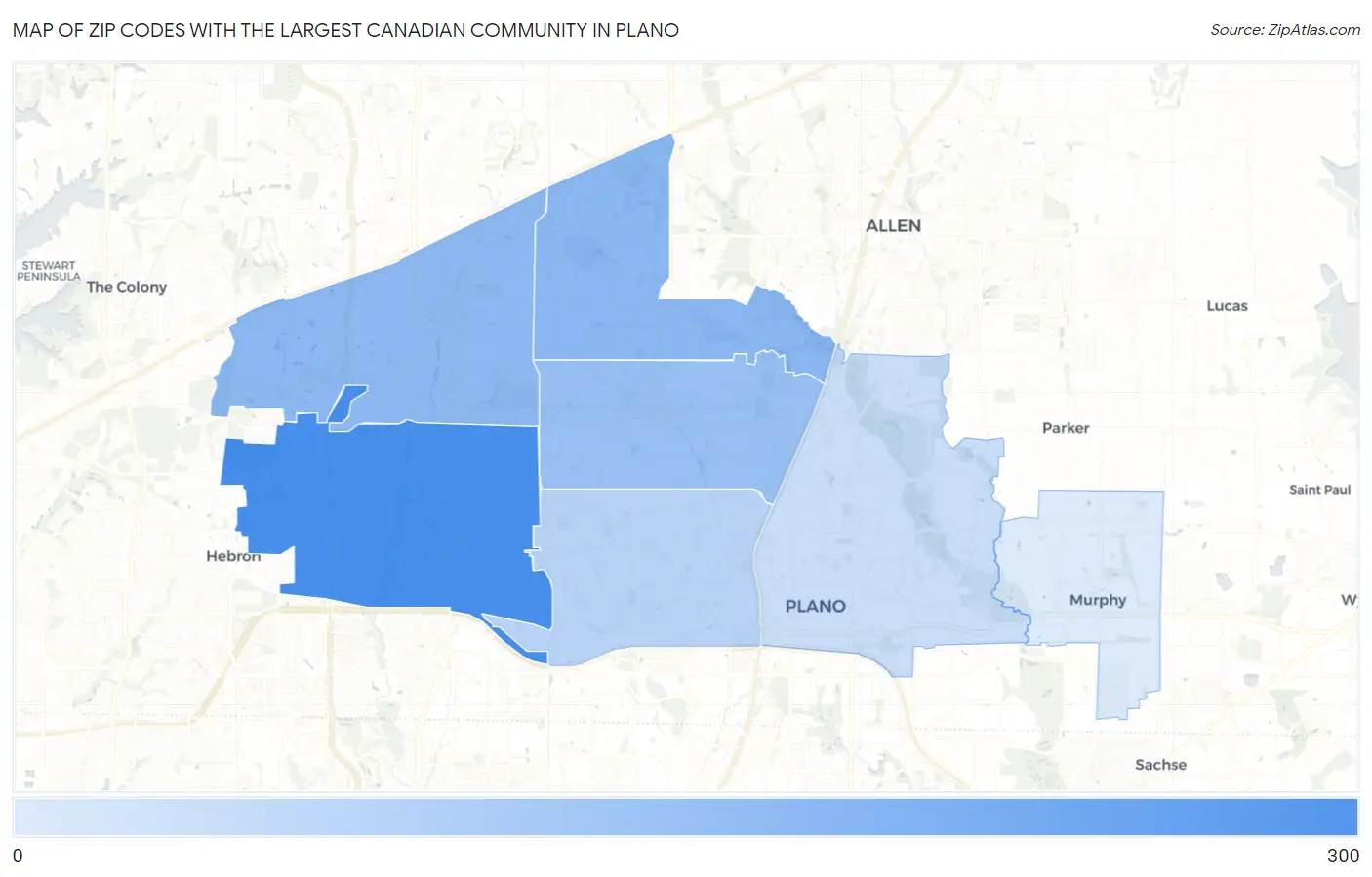 Zip Codes with the Largest Canadian Community in Plano Map
