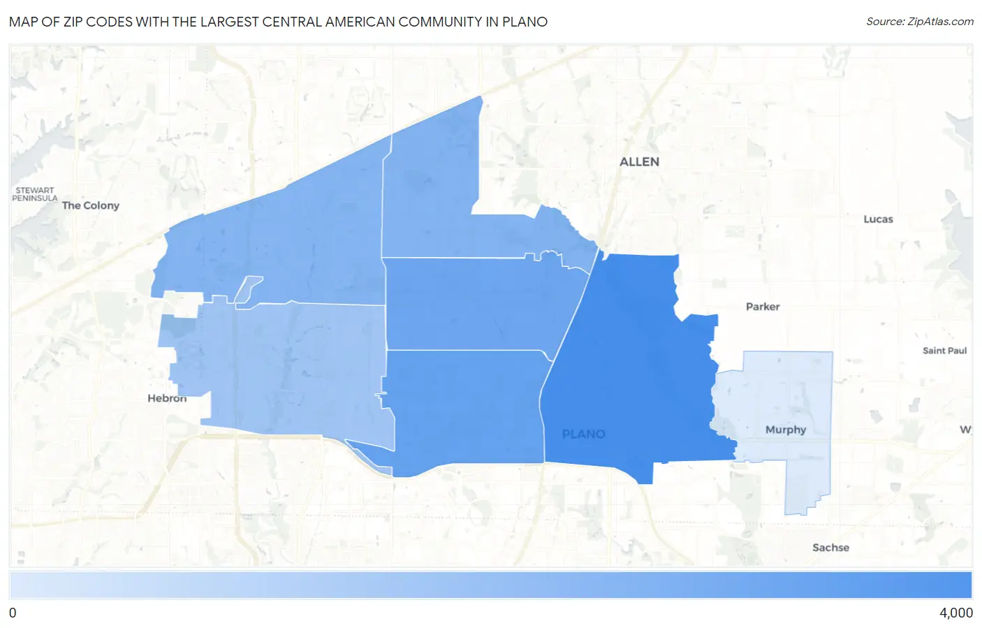 Zip Codes with the Largest Central American Community in Plano Map