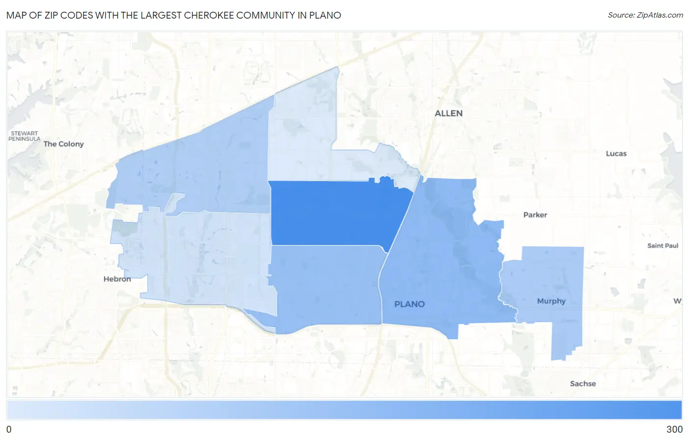 Zip Codes with the Largest Cherokee Community in Plano Map