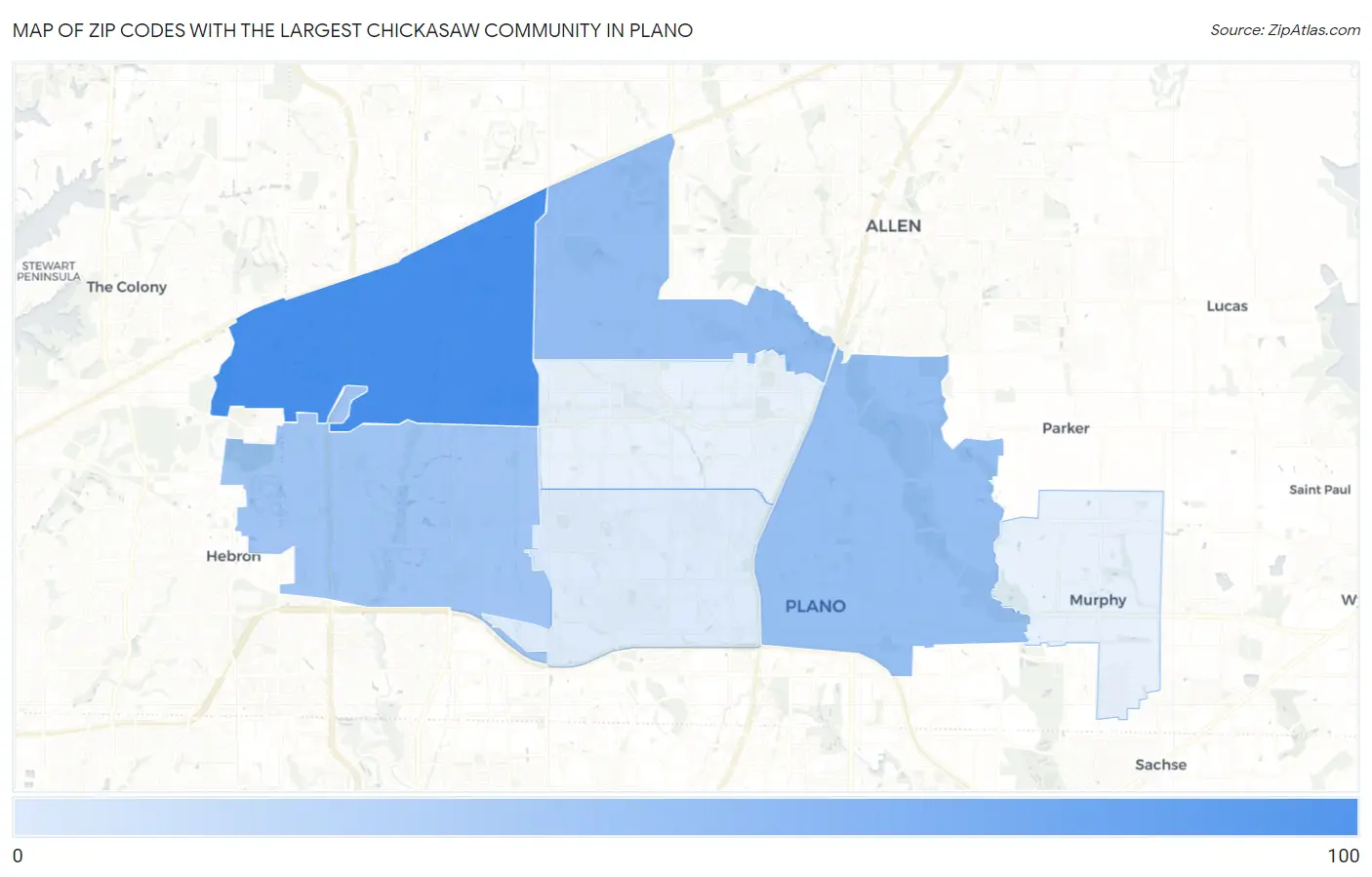 Zip Codes with the Largest Chickasaw Community in Plano Map