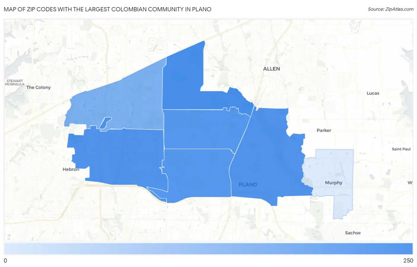 Zip Codes with the Largest Colombian Community in Plano Map