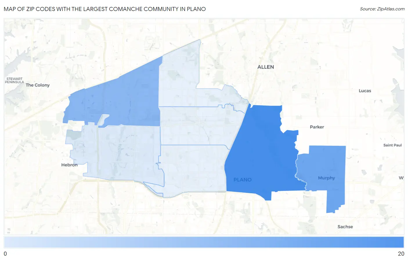 Zip Codes with the Largest Comanche Community in Plano Map