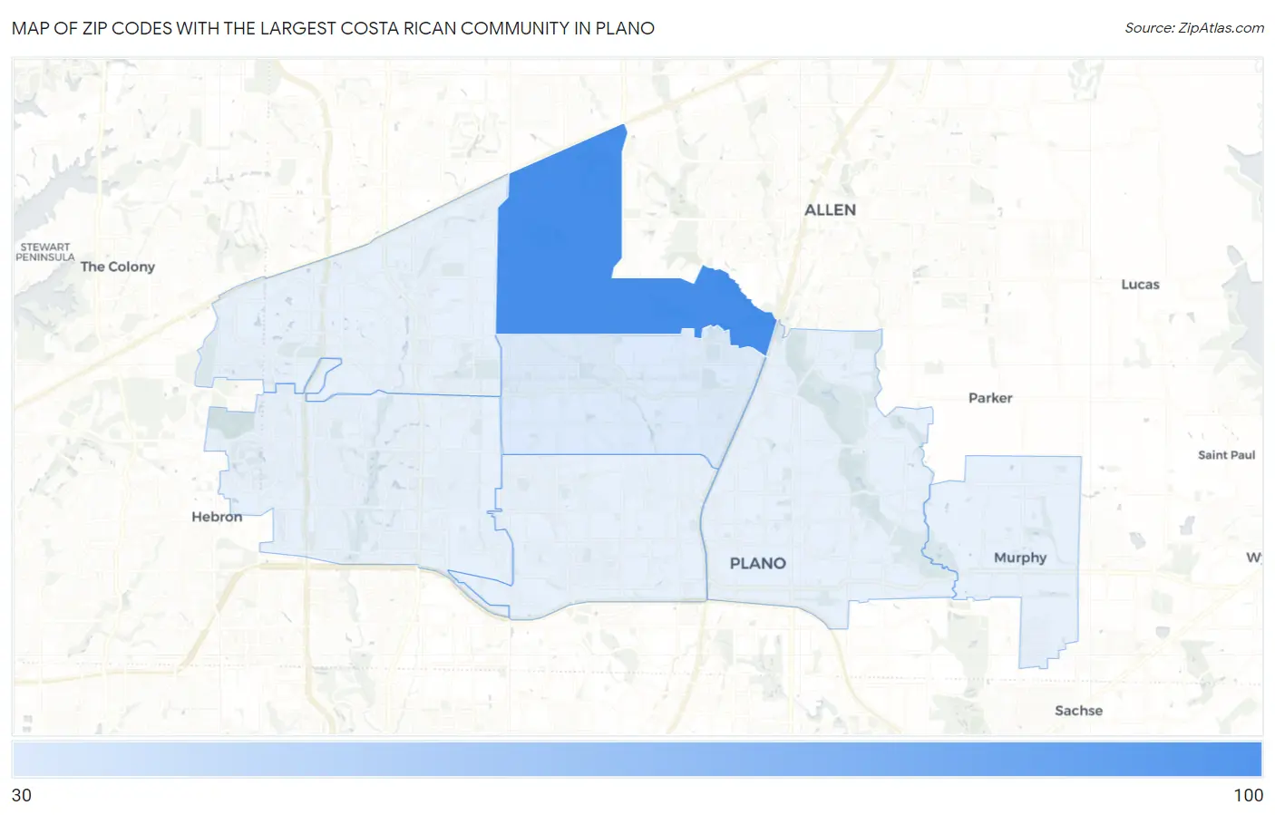 Zip Codes with the Largest Costa Rican Community in Plano Map