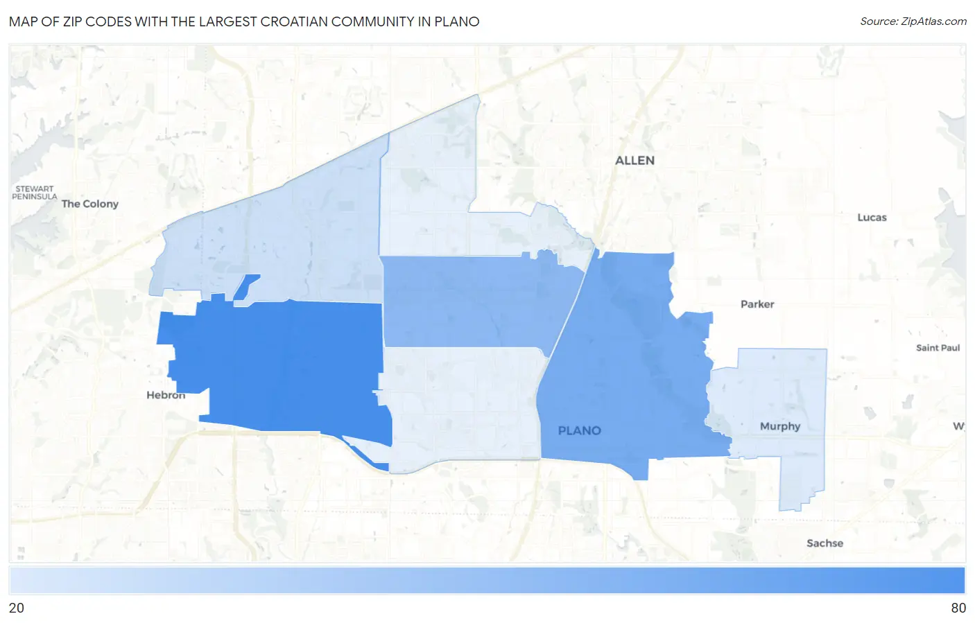 Zip Codes with the Largest Croatian Community in Plano Map
