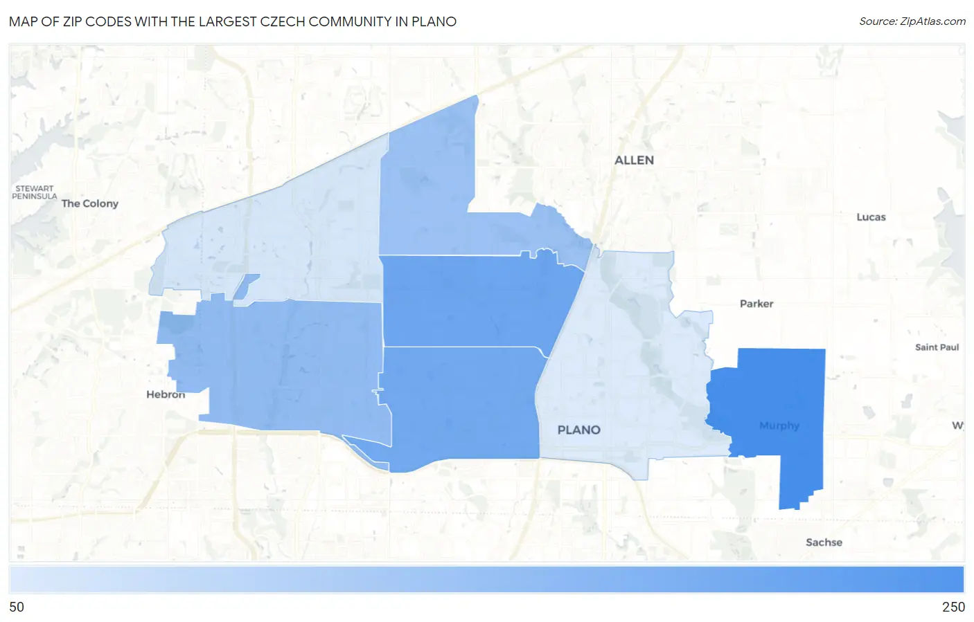 Zip Codes with the Largest Czech Community in Plano Map