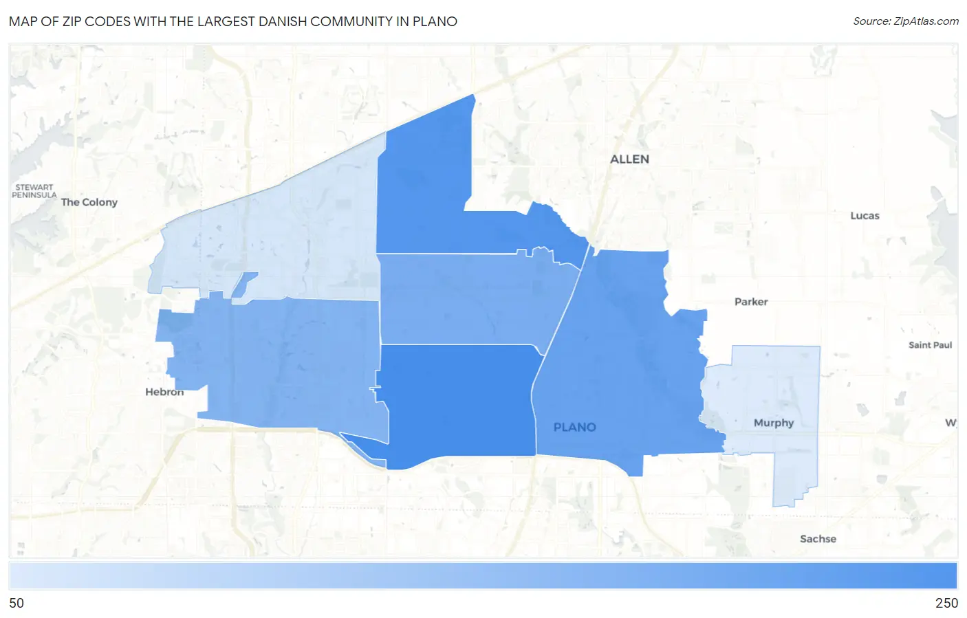 Zip Codes with the Largest Danish Community in Plano Map