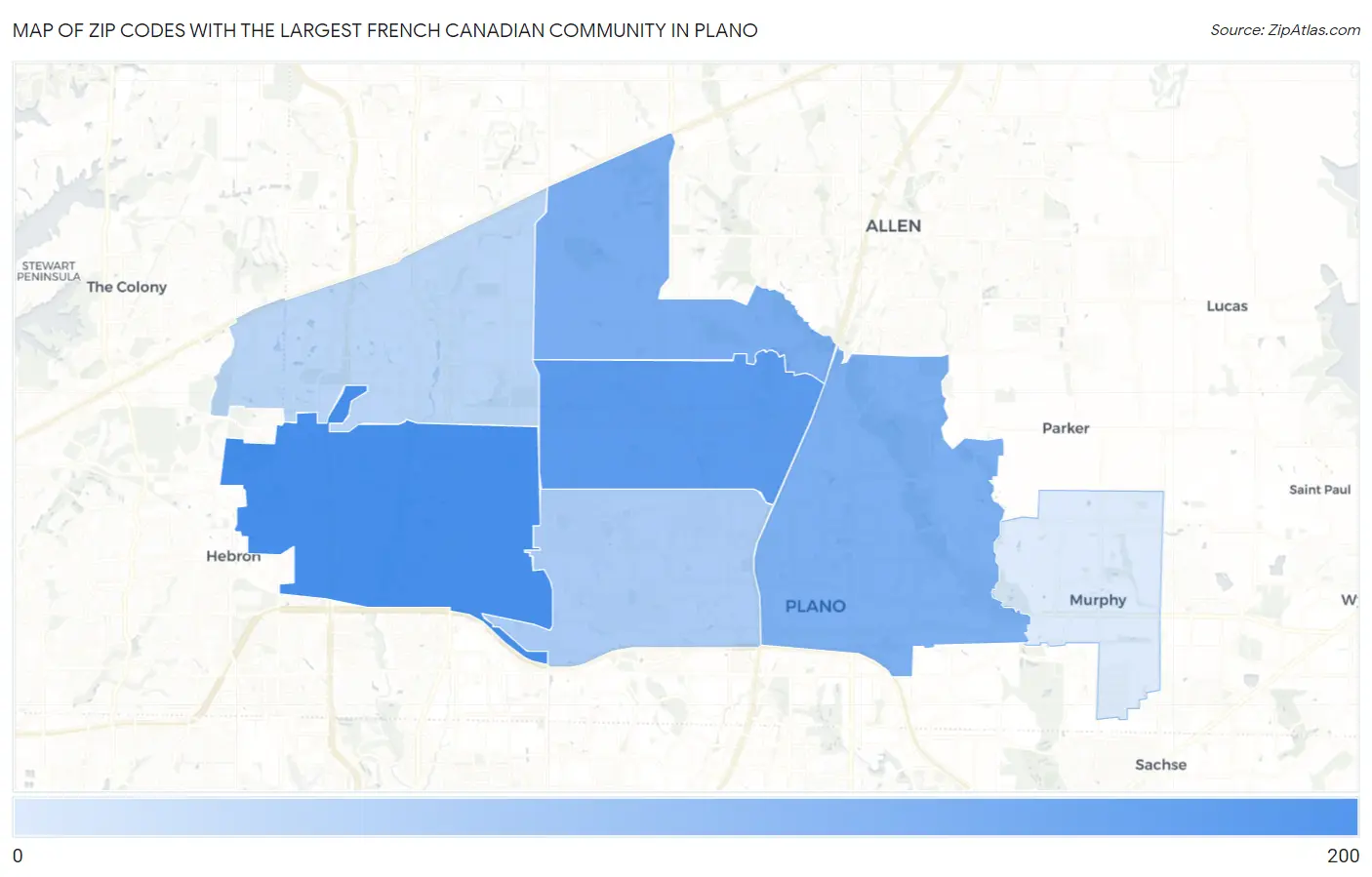 Zip Codes with the Largest French Canadian Community in Plano Map