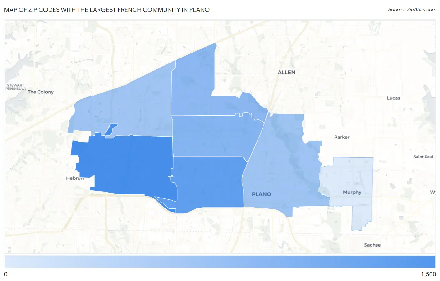 Zip Codes with the Largest French Community in Plano Map