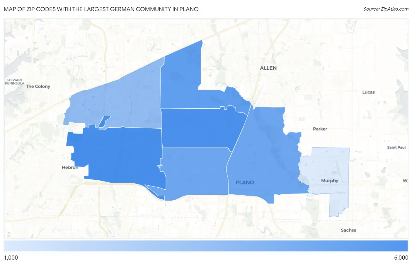 Zip Codes with the Largest German Community in Plano Map