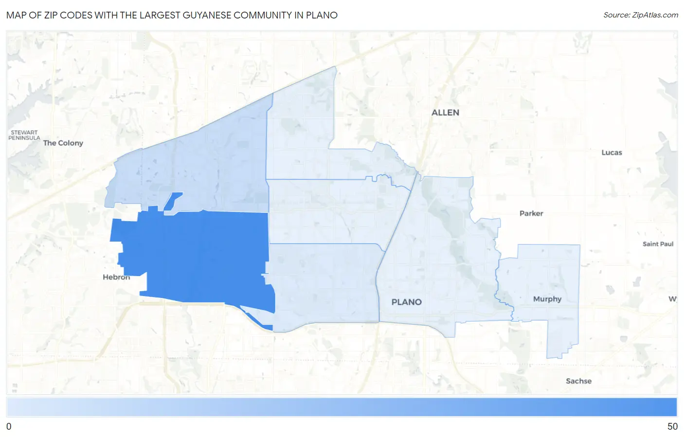 Zip Codes with the Largest Guyanese Community in Plano Map