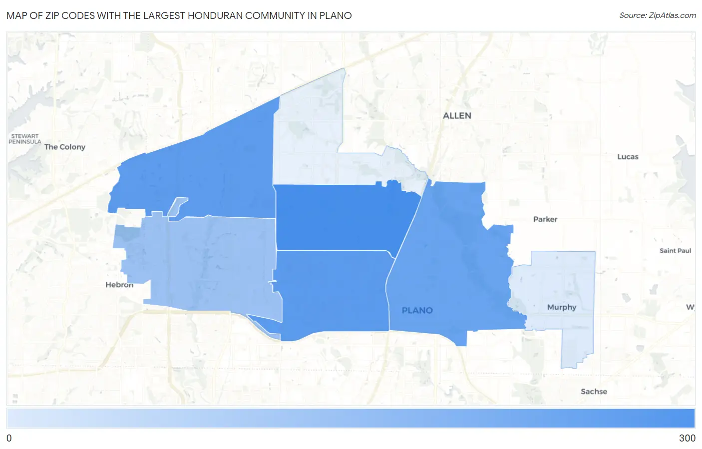 Zip Codes with the Largest Honduran Community in Plano Map
