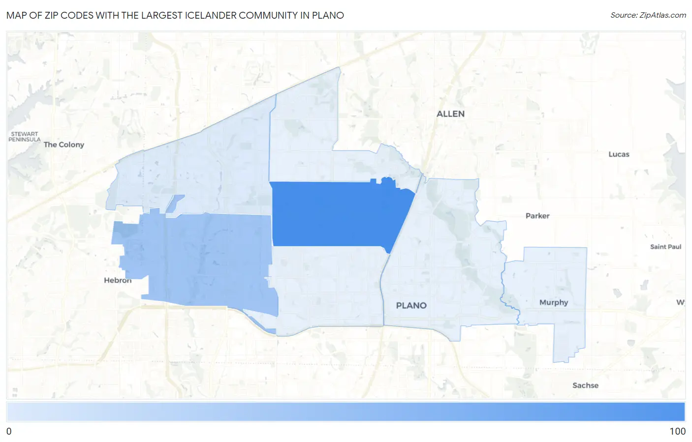 Zip Codes with the Largest Icelander Community in Plano Map