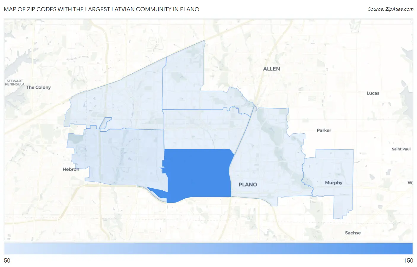 Zip Codes with the Largest Latvian Community in Plano Map