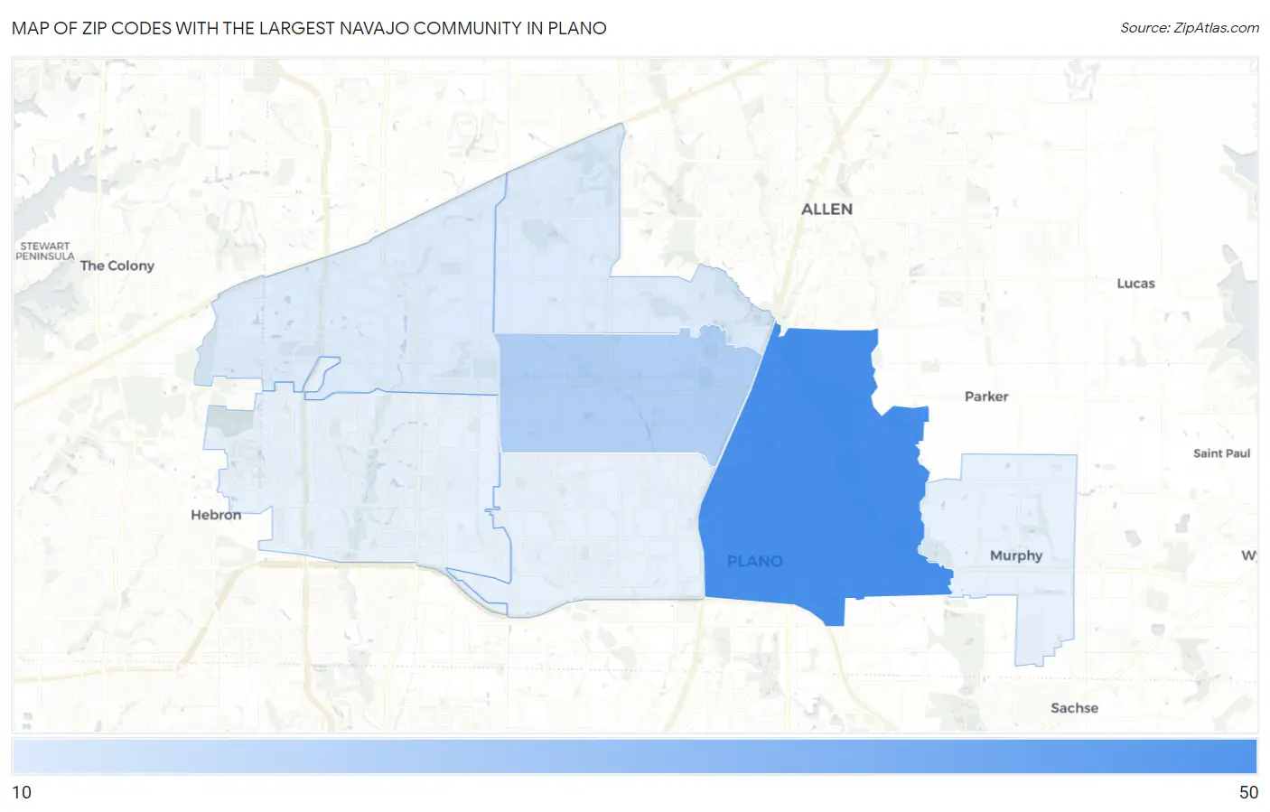 Zip Codes with the Largest Navajo Community in Plano Map