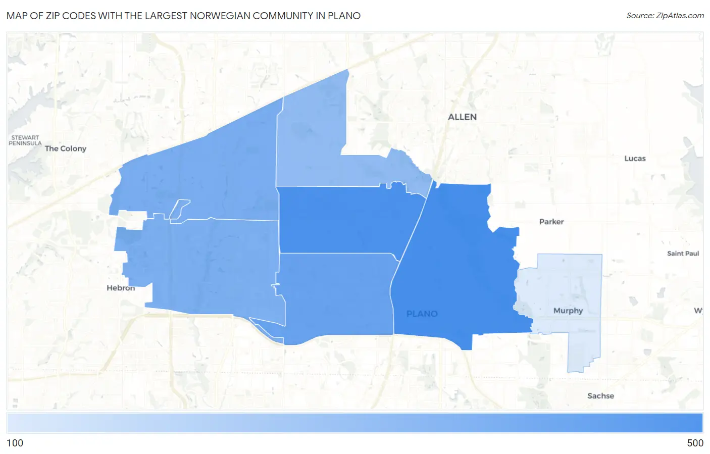 Zip Codes with the Largest Norwegian Community in Plano Map