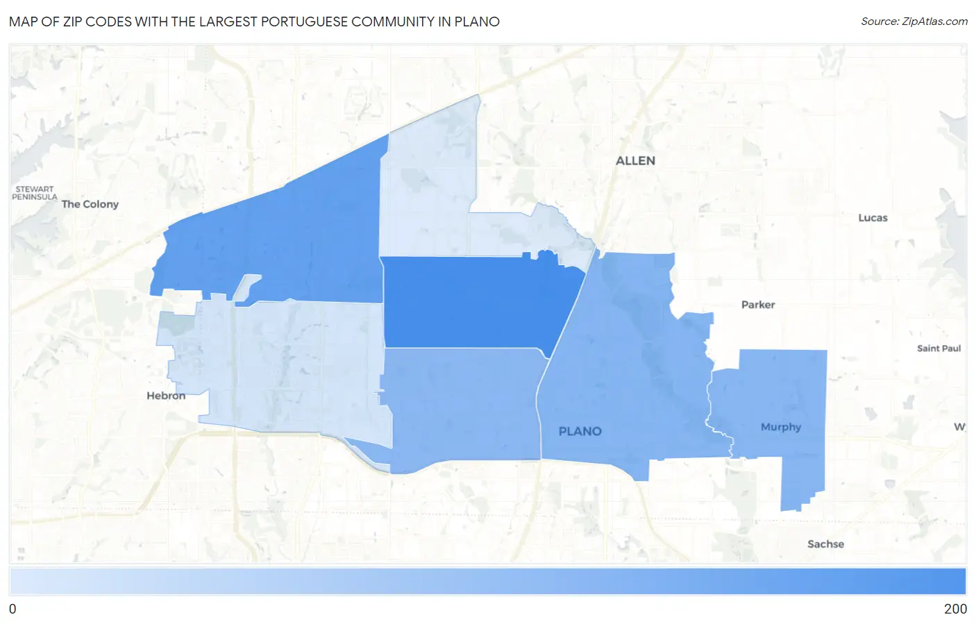Zip Codes with the Largest Portuguese Community in Plano Map
