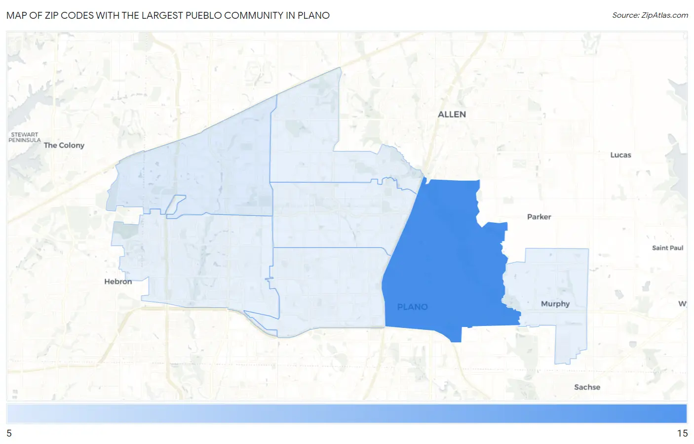 Zip Codes with the Largest Pueblo Community in Plano Map