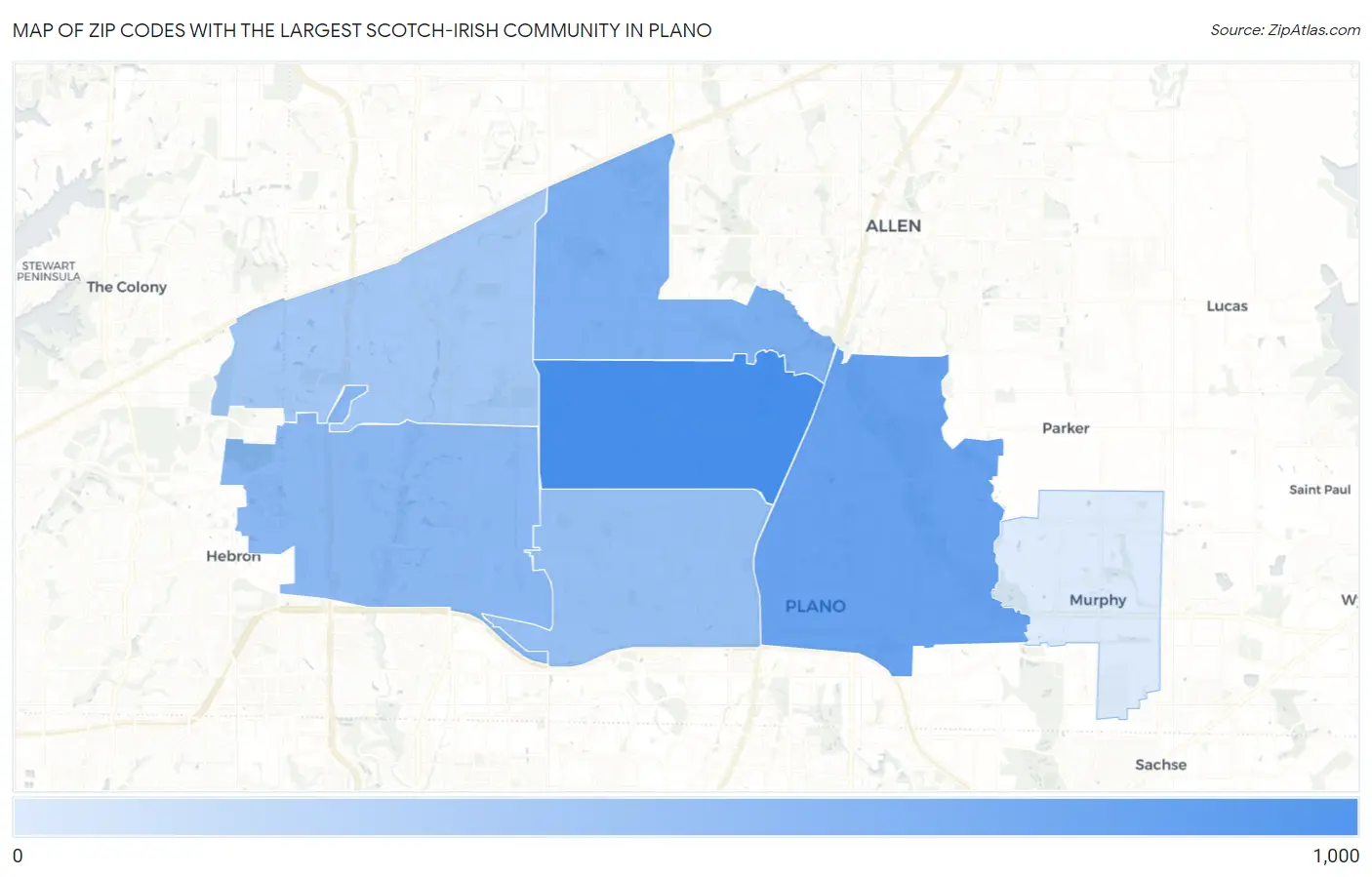Zip Codes with the Largest Scotch-Irish Community in Plano Map