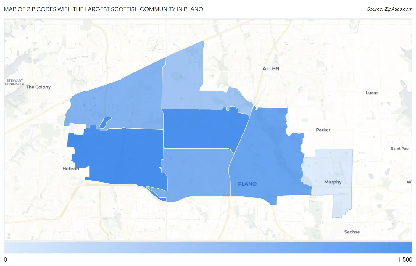Zip Codes with the Largest Scottish Community in Plano Map