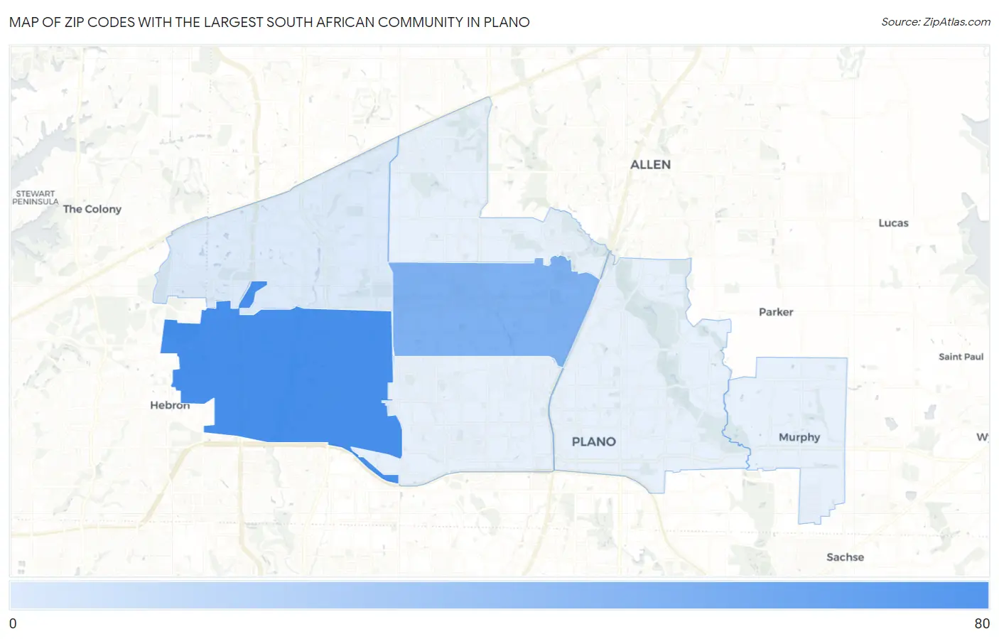 Zip Codes with the Largest South African Community in Plano Map