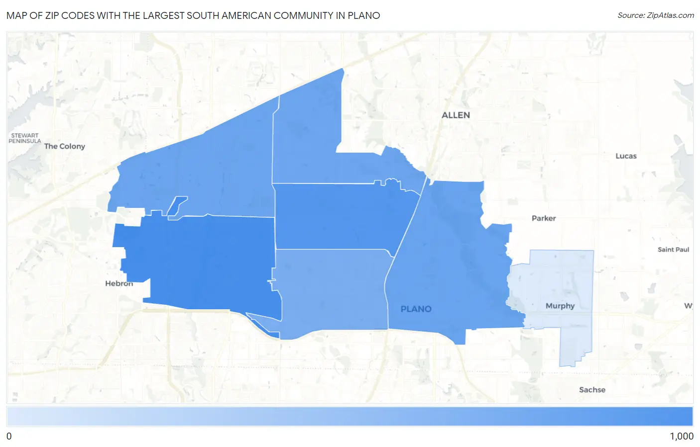 Zip Codes with the Largest South American Community in Plano Map