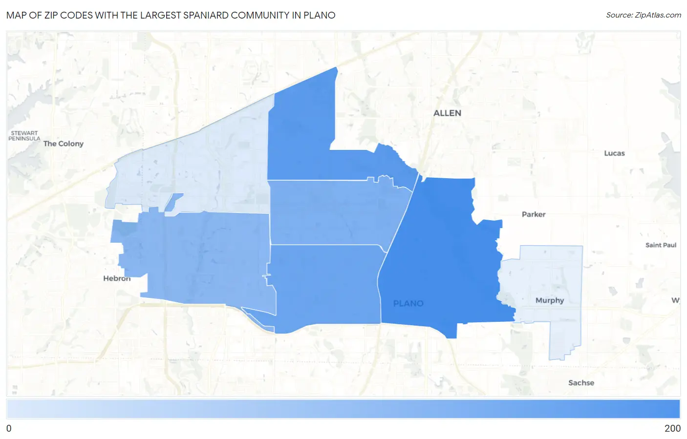 Zip Codes with the Largest Spaniard Community in Plano Map