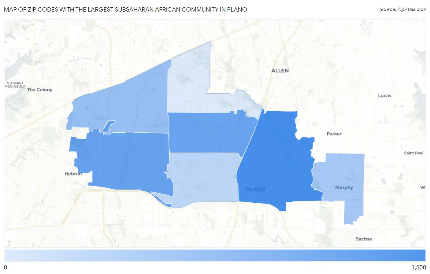 Zip Codes with the Largest Subsaharan African Community in Plano Map