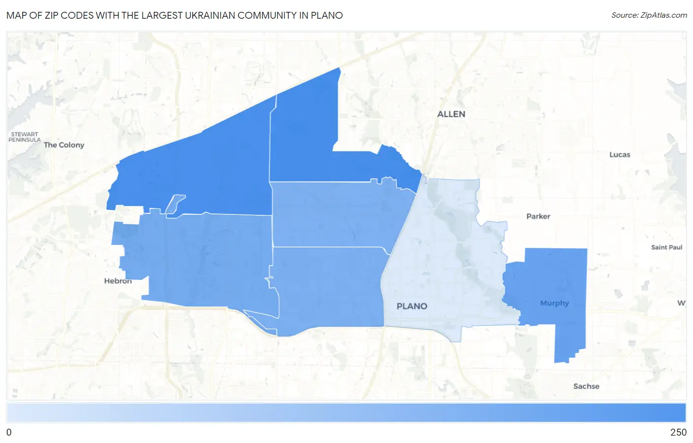 Zip Codes with the Largest Ukrainian Community in Plano Map