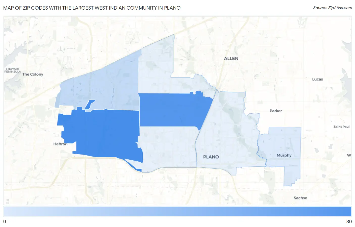 Zip Codes with the Largest West Indian Community in Plano Map