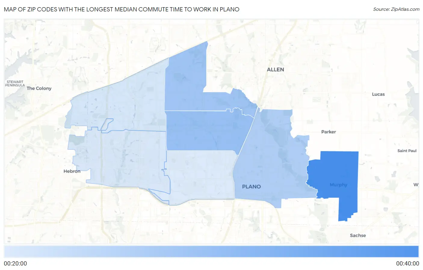 Zip Codes with the Longest Median Commute Time to Work in Plano Map