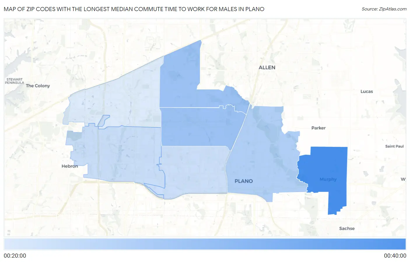 Zip Codes with the Longest Median Commute Time to Work for Males in Plano Map