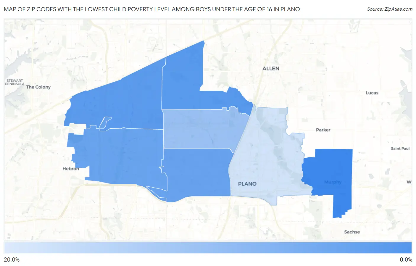 Zip Codes with the Lowest Child Poverty Level Among Boys Under the Age of 16 in Plano Map