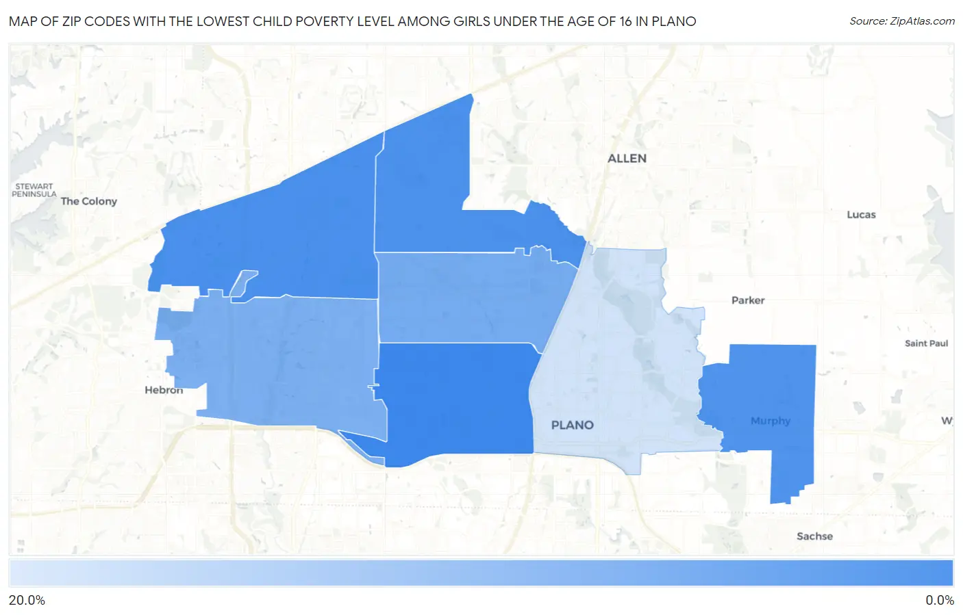 Zip Codes with the Lowest Child Poverty Level Among Girls Under the Age of 16 in Plano Map
