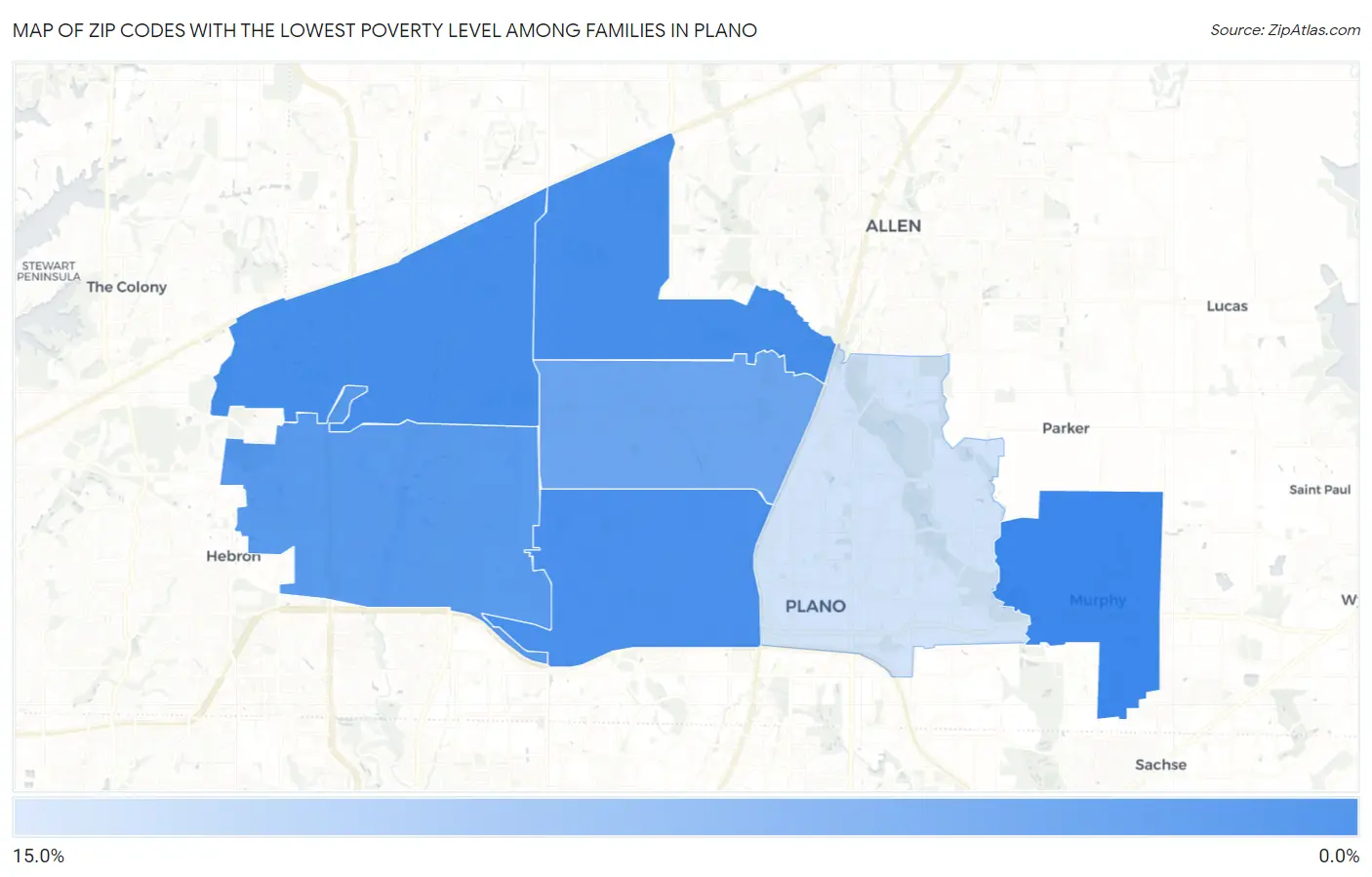 Zip Codes with the Lowest Poverty Level Among Families in Plano Map