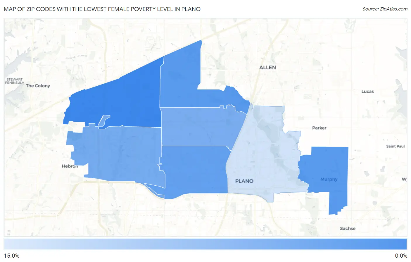 Zip Codes with the Lowest Female Poverty Level in Plano Map