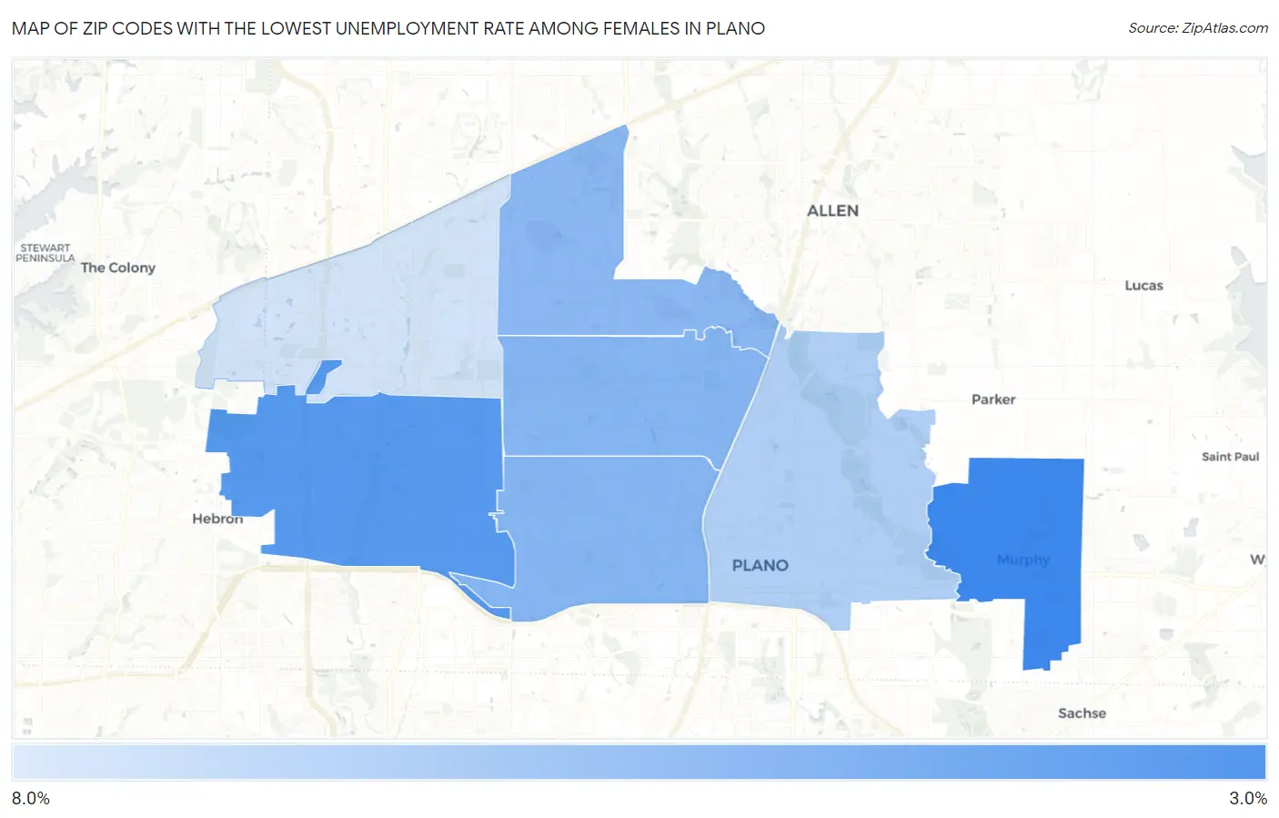 Zip Codes with the Lowest Unemployment Rate Among Females in Plano Map