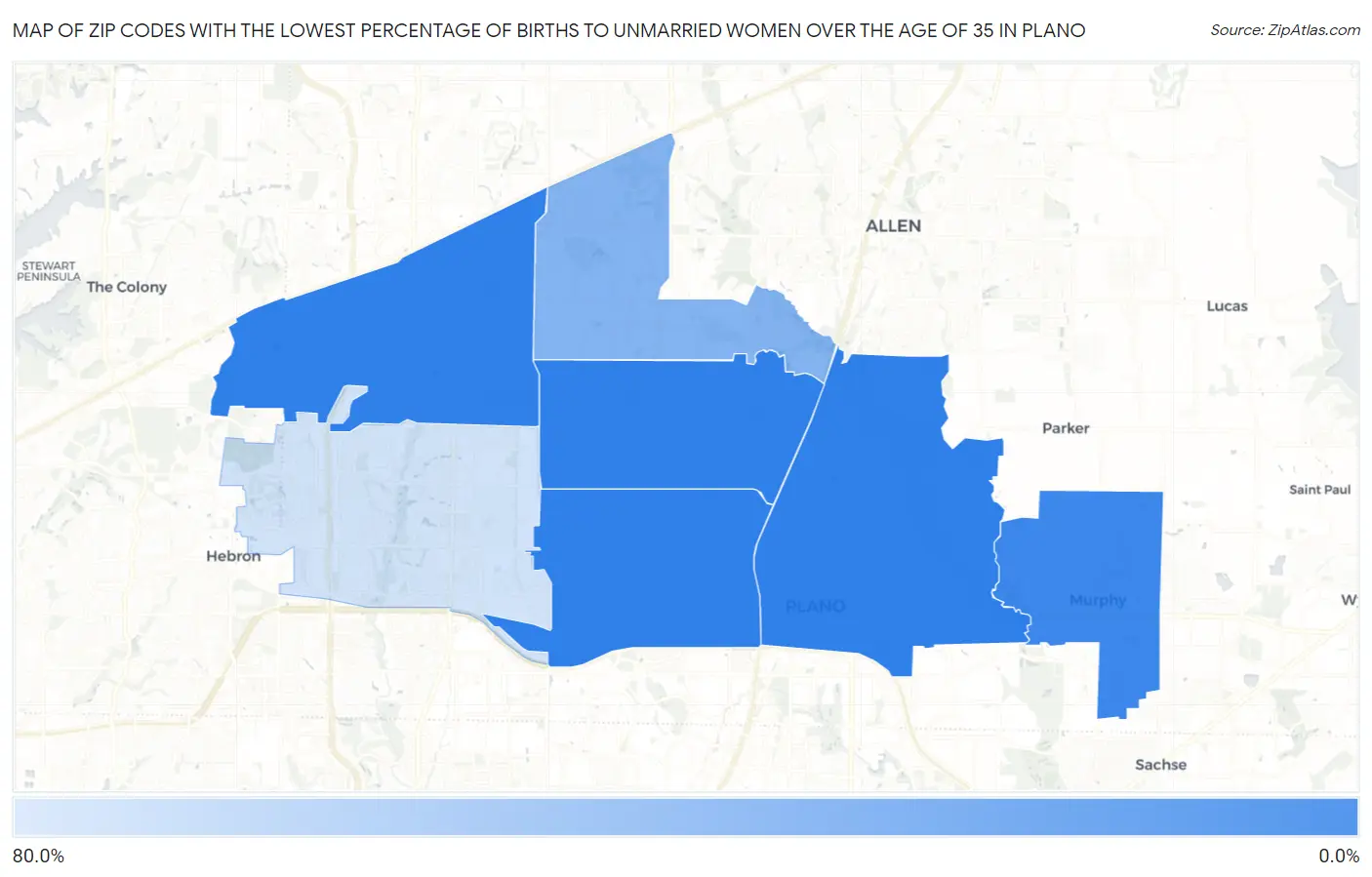 Zip Codes with the Lowest Percentage of Births to Unmarried Women over the Age of 35 in Plano Map