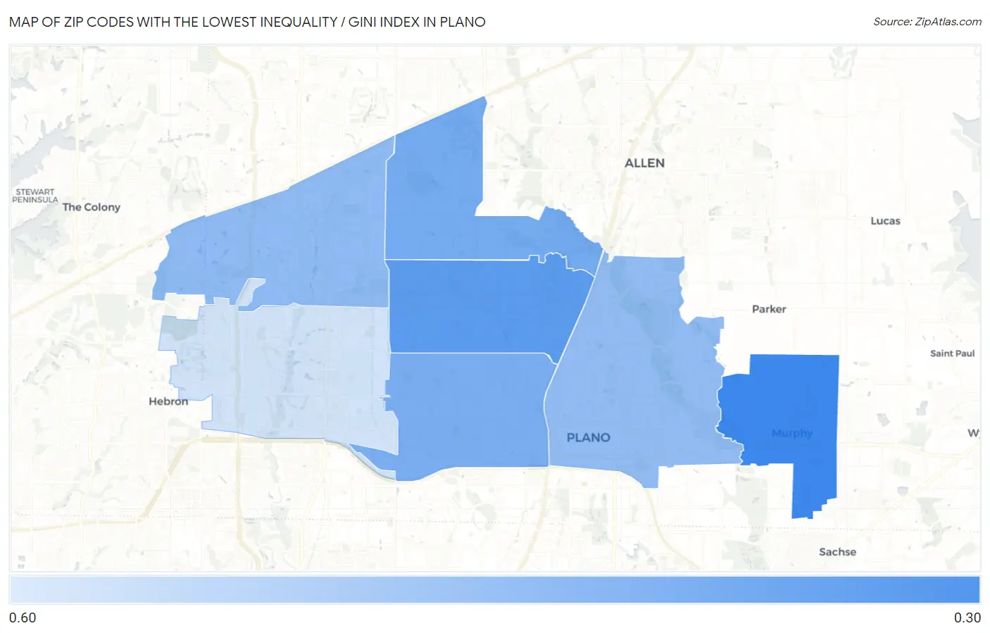 Zip Codes with the Lowest Inequality / Gini Index in Plano Map