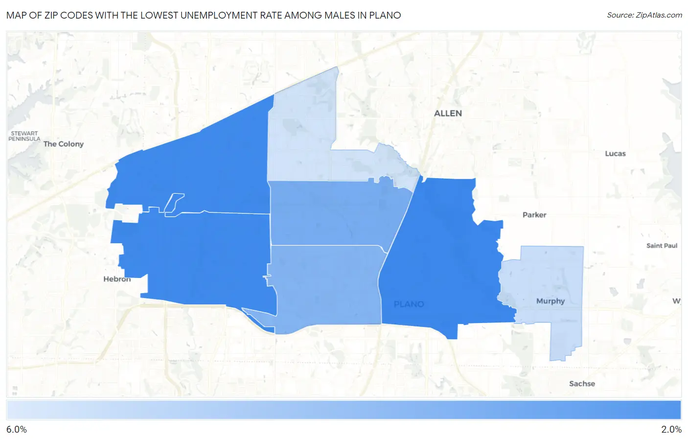 Zip Codes with the Lowest Unemployment Rate Among Males in Plano Map