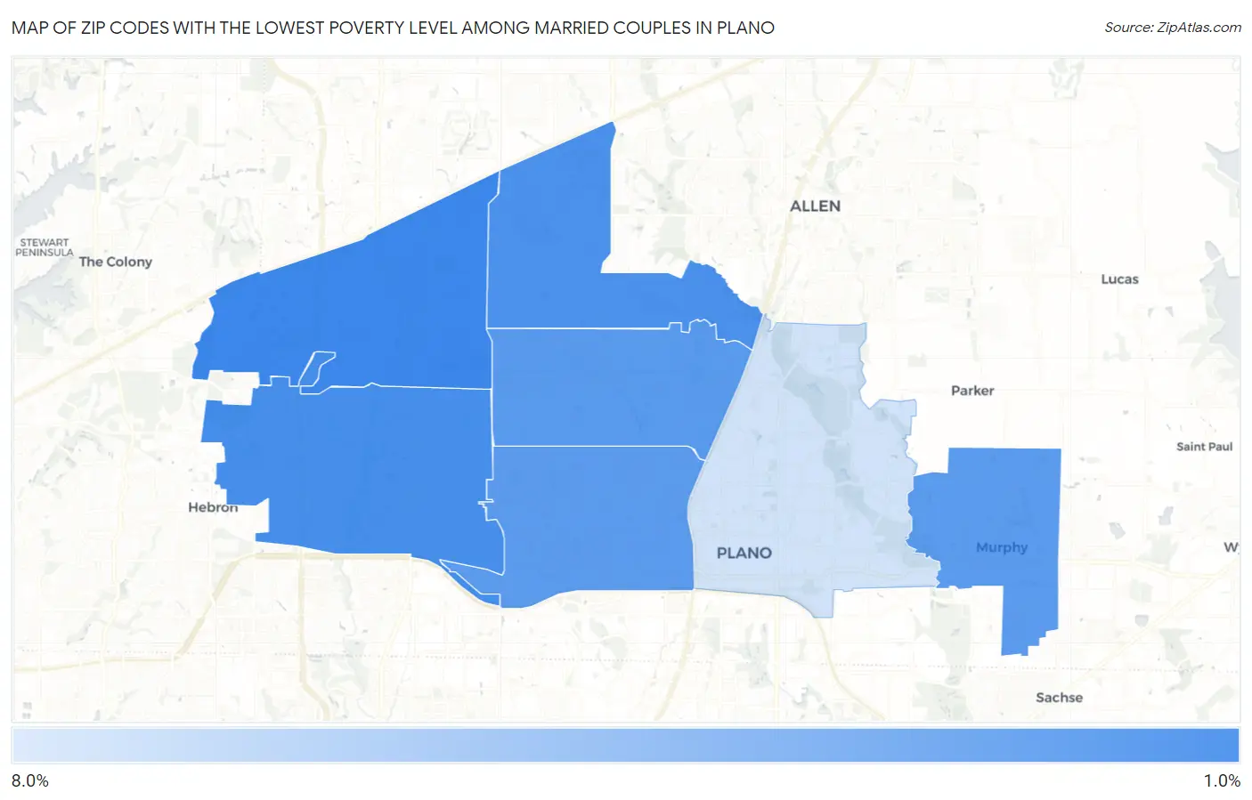 Zip Codes with the Lowest Poverty Level Among Married Couples in Plano Map
