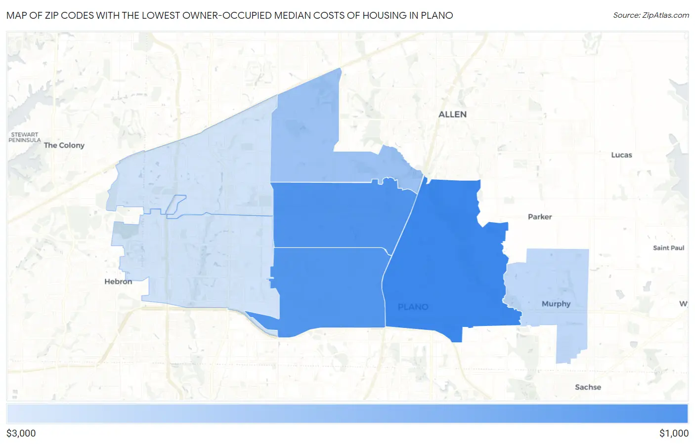 Zip Codes with the Lowest Owner-Occupied Median Costs of Housing in Plano Map