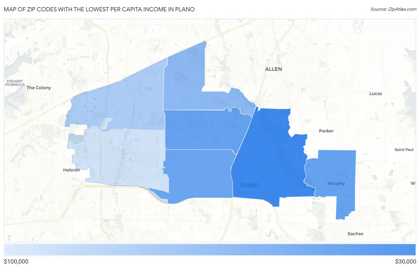 Zip Codes with the Lowest Per Capita Income in Plano Map