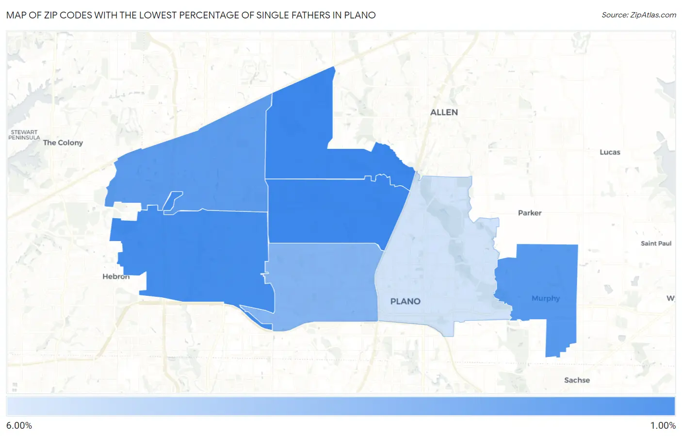 Zip Codes with the Lowest Percentage of Single Fathers in Plano Map