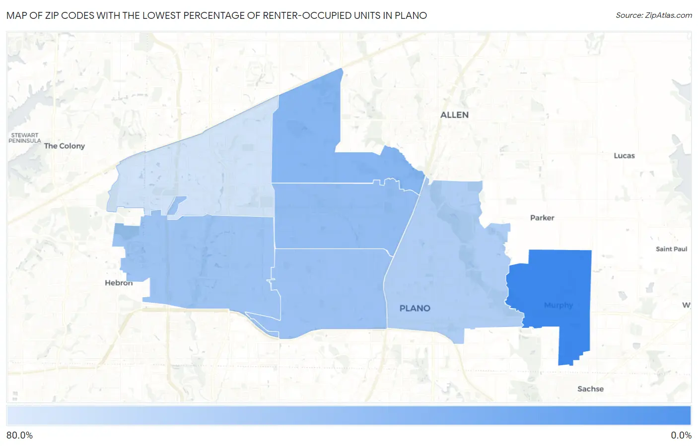 Zip Codes with the Lowest Percentage of Renter-Occupied Units in Plano Map